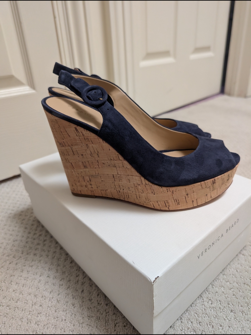 NWT Size 9 Veronica Beard Dali Peeptoe Navy Suede Cork Wedge Peep-Toe Slingbacks